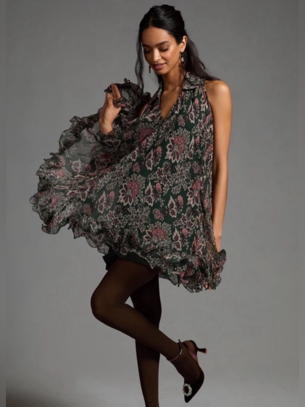 Anthropologie Let Me Be V Neck Mi Swing Floral Dress , XXS